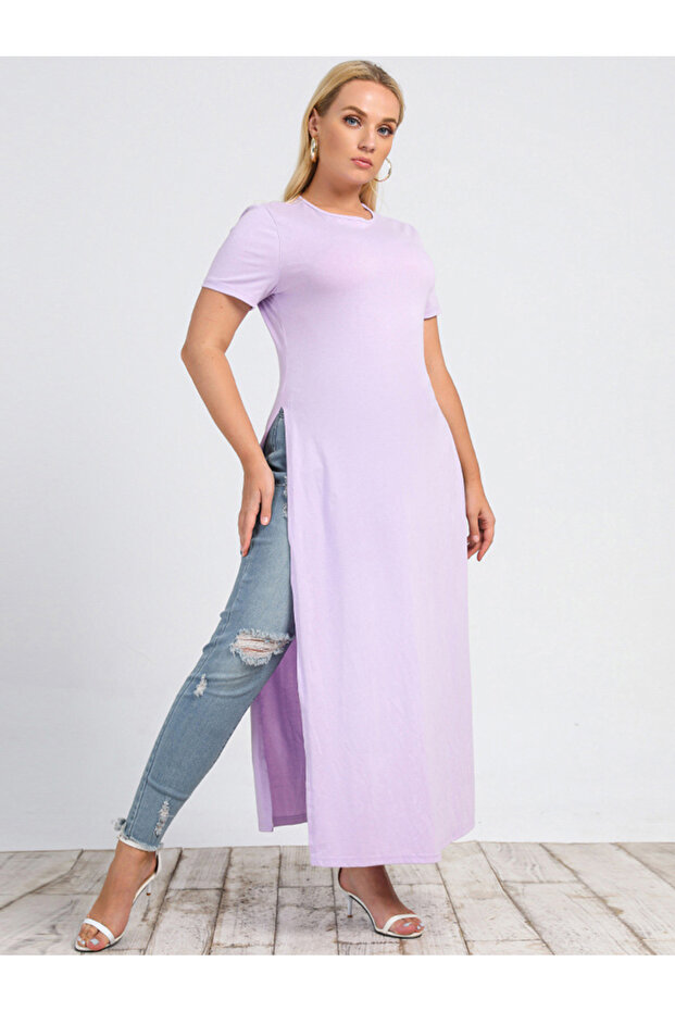 فساتين كاجوال برقبة لون سادة موحد وأكمام عادية بمقاسات كبيرة - 3