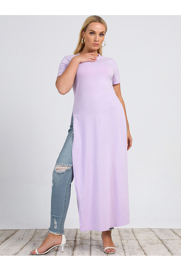 فساتين كاجوال برقبة لون سادة موحد وأكمام عادية بمقاسات كبيرة - 1