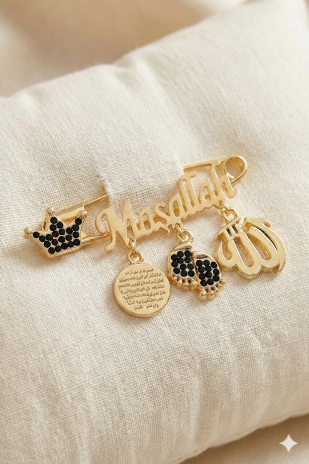 Mashallah Written Baby Lapel Pin Set of 3 with Hanging Charm Detail in Black
