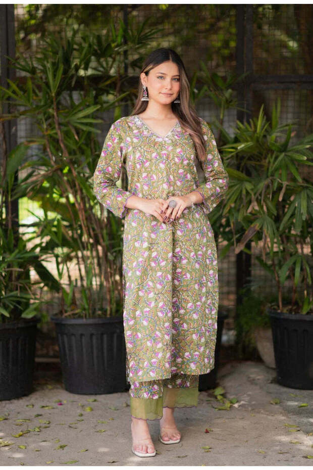 Green Pure Cotton Handblock 2-Piece Kurta Set