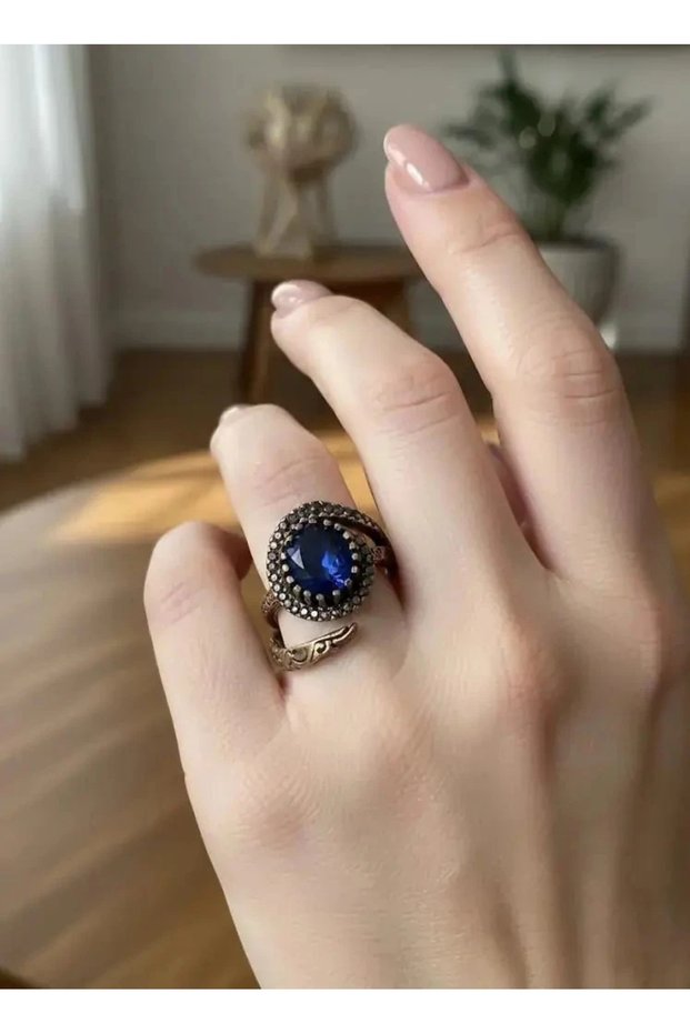 Bronze Jewelry Authentic Blue Sapphire Look Spiral Model Adjustable Vintage Women's Ring