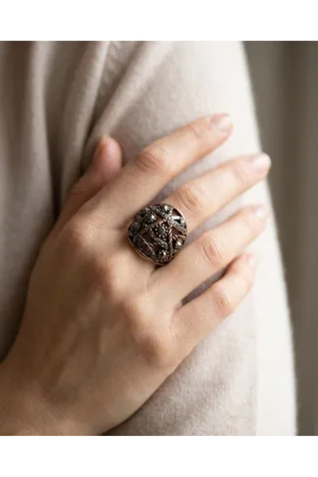 Bronze Jewelry Authentic Marcasite Stone Cage Model Curved Adjustable Vintage Women's Ring