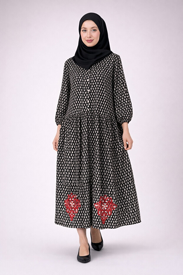 100% Cotton Lu Pocketed and Embroidered Summer Design Patterned Black Shirt Islamic Dress