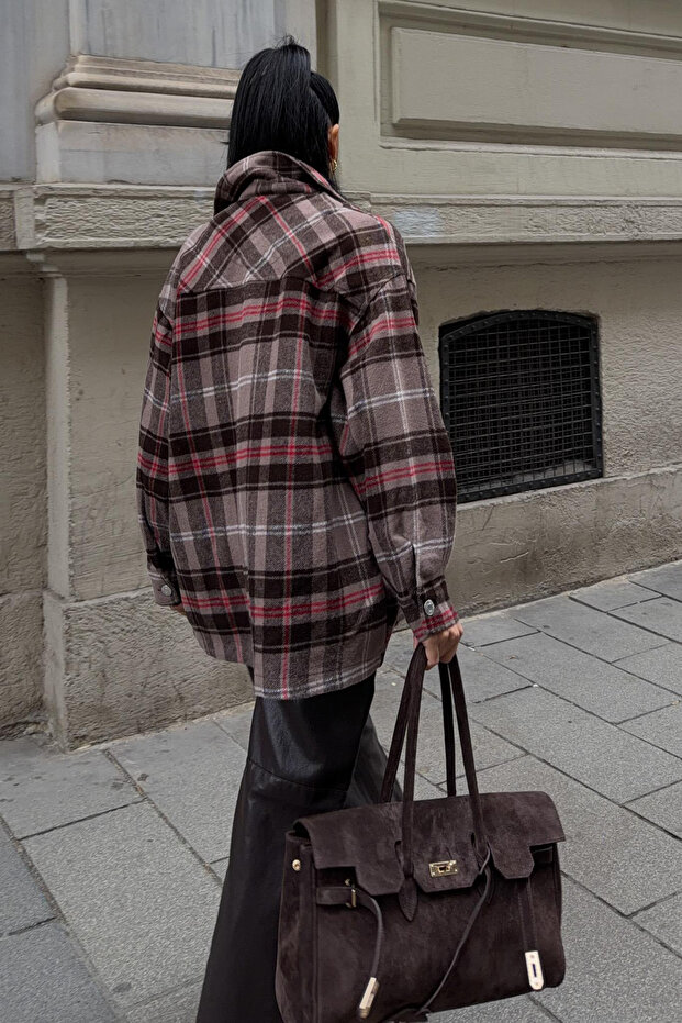 Plaid Patterned Brown Shirt Jacket - 5
