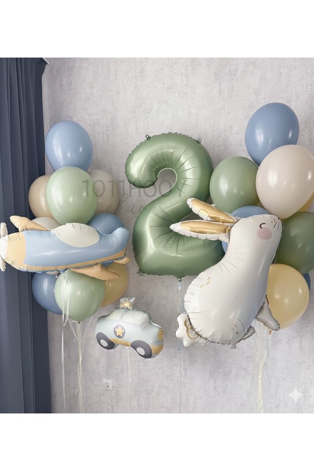 Retro Airplane Police Car Rabbit Foil Balloon and Mint Number Balloon Set of 14