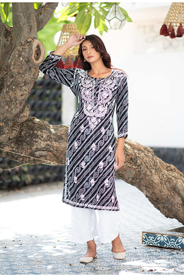 Black Rayon Bandhani Printed Kurta