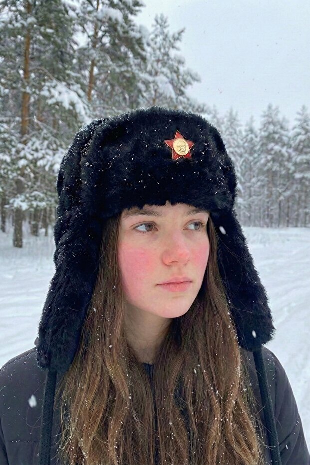 Red Star Detailled Unisex Black Pe Plush Alpak-Russian Style Ushanka