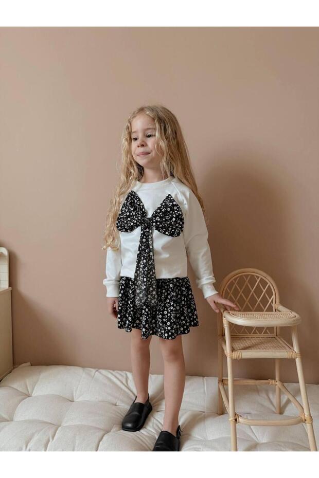 Girl's Black and White Bow Detail Skirt Set