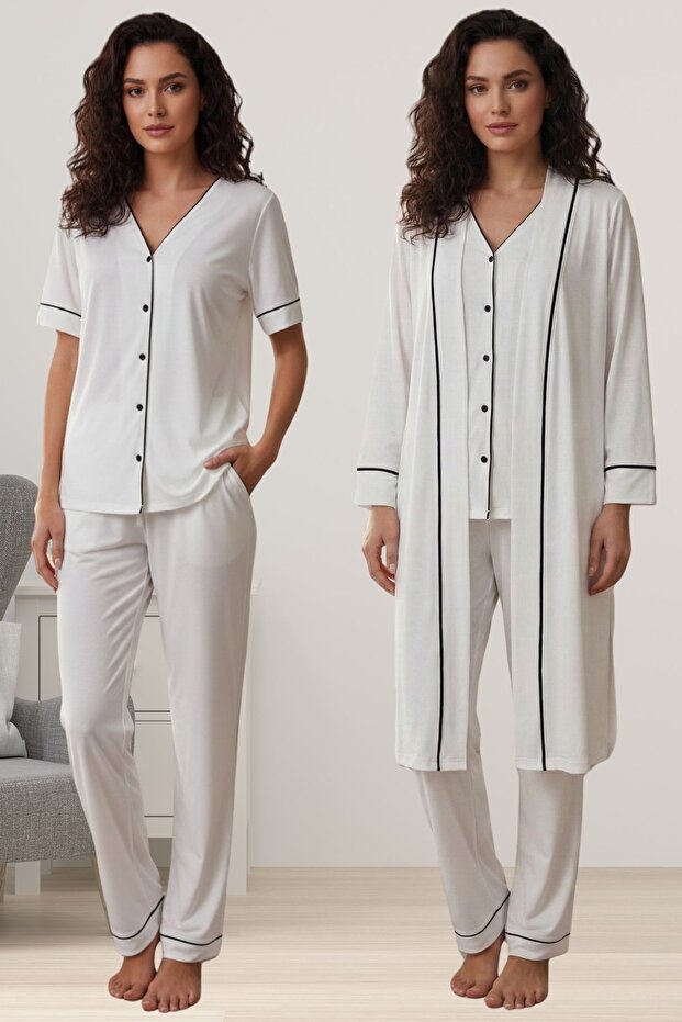 Comfortable Cut Maternity Pajama Set with Dressing Gown Effortt - Ecru