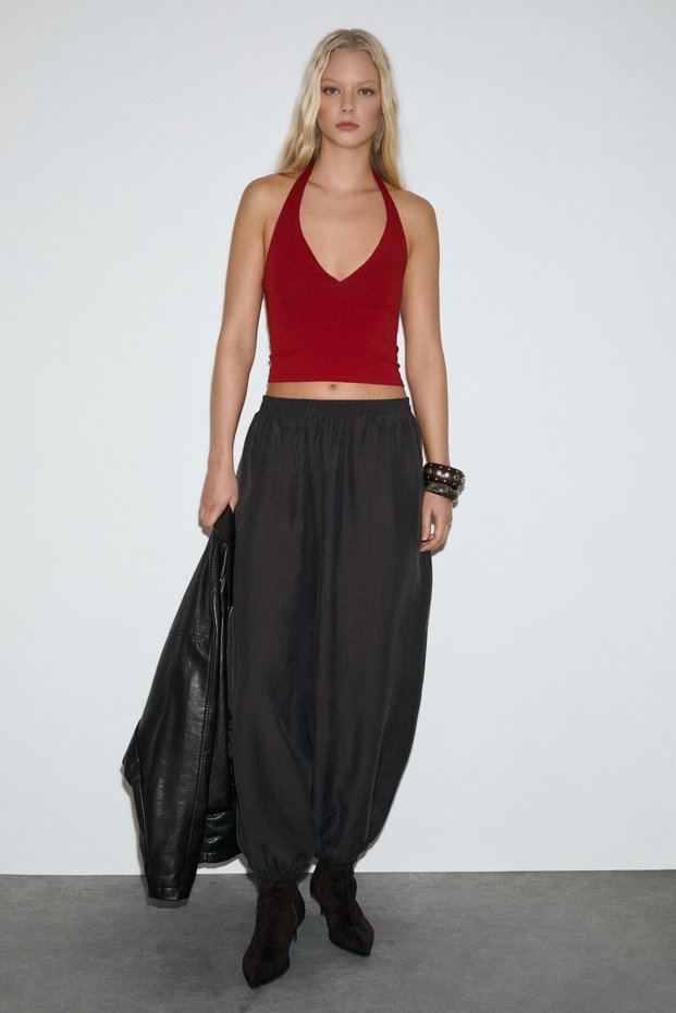 Tensellet women's tencel fabric elastic waist wide leg brown pants