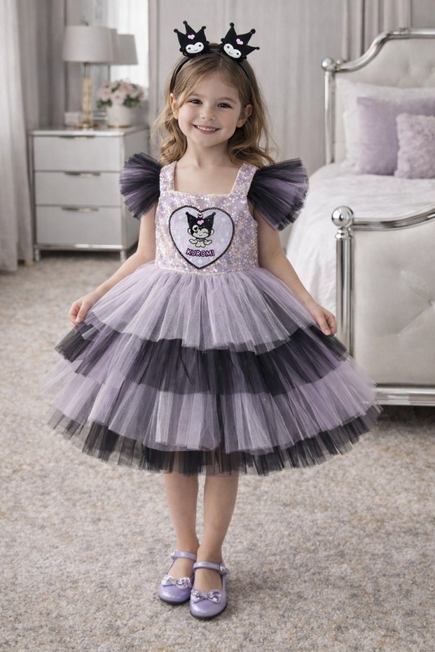 Lila Kuromi Patterned Girl's Dress – Layered Tulle , Lined , Invisible Zipper Layers, Crown Buckled Special Occasion