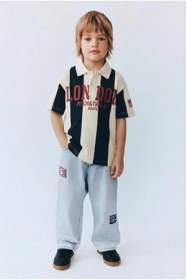 Boy's Set of Cotton Polo Collar T-Shirts and Wide-Leg Jeans