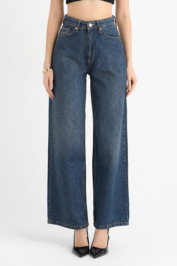 Indigo Washed High Waist Relaxed Fit Wide Leg Jeans