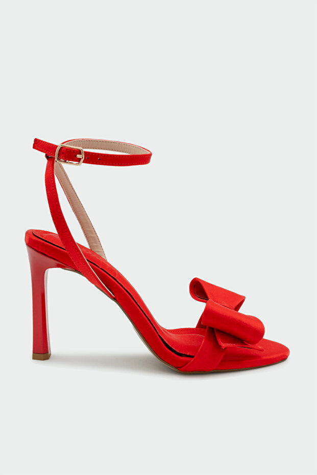 Wanbi Bow Detail Red Satin Women's Heeled Shoes