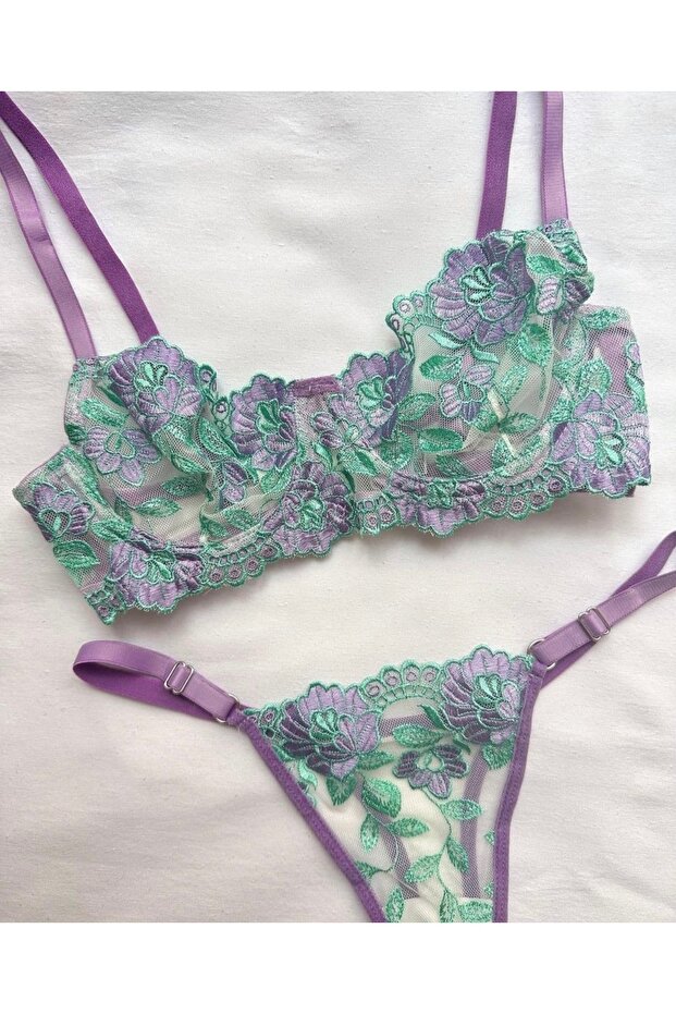 Women's Aqua Green and Lilac Lace Lingerie Set