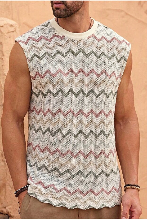 Kiremit Zigzag Striped Men's Retro Patterned Crew Neck Mercerized Knitwear Sleeveless T-Shirt Ls-42037