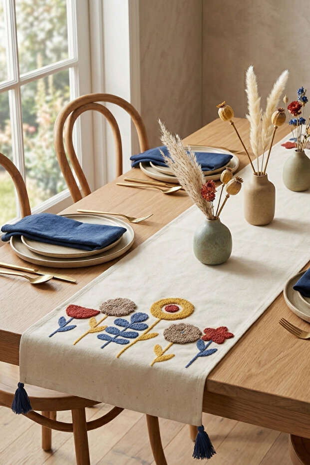 Star Bohemian Punch Embroidered Tasseled Cotton Table Runner (40X130Cm)