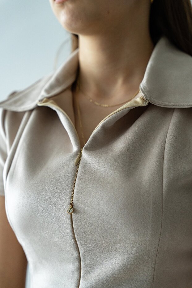 Fermuar Detaylı Bej Elbise - 6