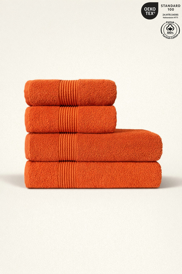 4-Piece Bath Towel Set 100% Cotton Certified Striped Border Towel Set 50X90Cm- 70X140Cm Orange