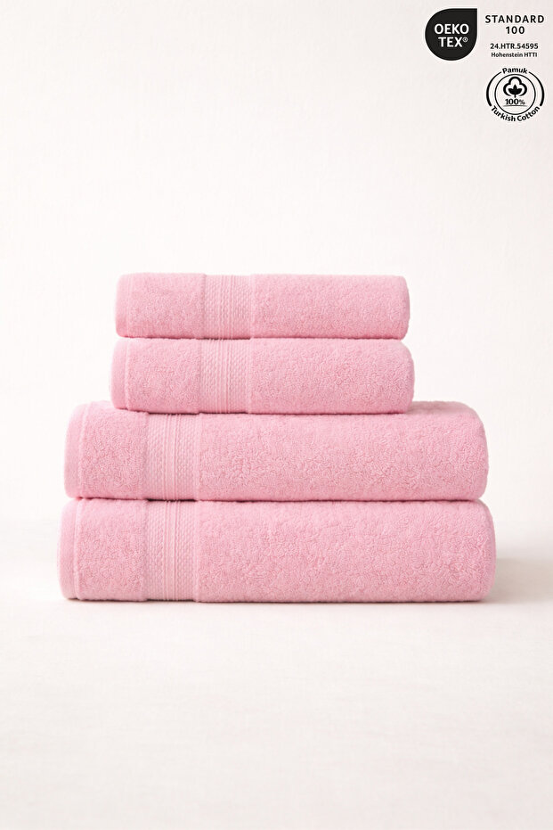 4-Piece Bath Towel Set 100% Cotton Certified Diamond Border Towel Set 50X90Cm - 70X140Cm Pink