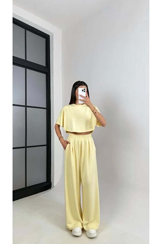 Yellow Cropped Elastic Waist Palazzo Tracksuit Double m Modal Fabric Set Gaus-01219