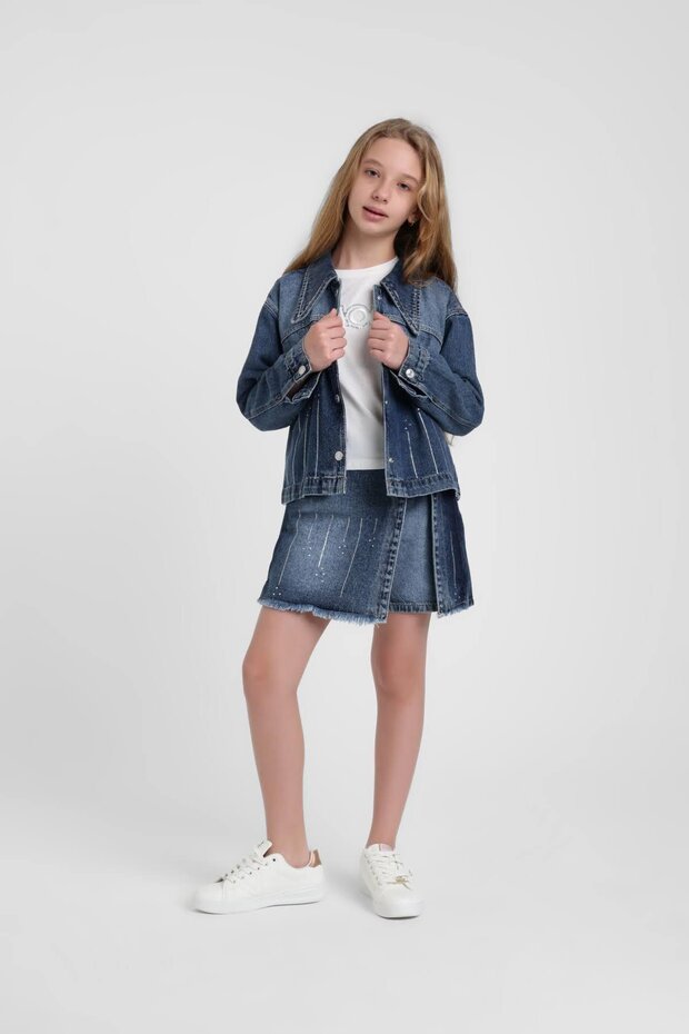 Girl Child 4-14 Years Old Stoned Denim Shorts Skirt Blue