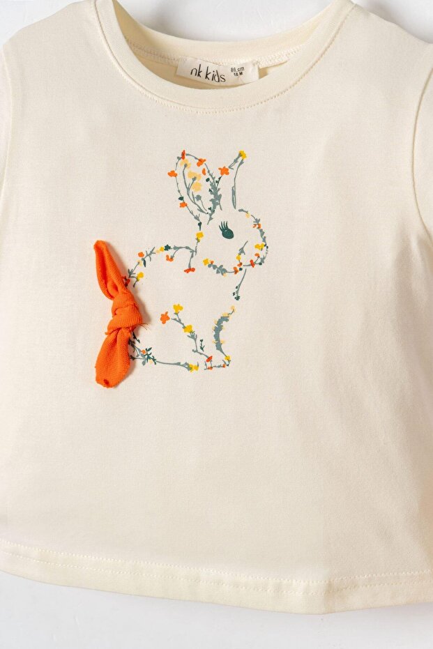 Girl Child 1-4 Years Old Rabbit Printed Short Sleeve T-Shirt Cream
