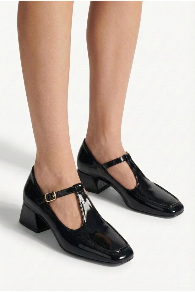 Women's Brown Patent Leather Design with Buckled Stripes, Loafers Look Casual Heeled Shoes
