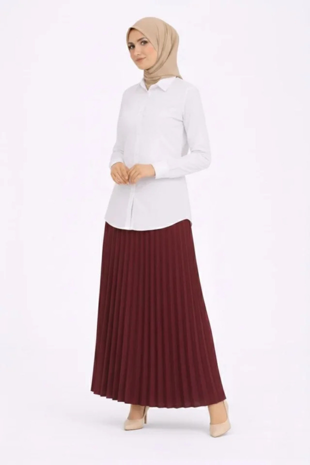 Hijab White Shirt and Pleated Skirt Double Set Casual and Office Chic - Burgundy