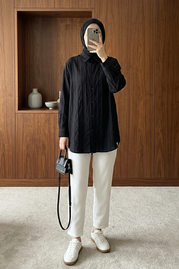 Stripe Pattern Buttoned Shirt Tunic - Black - 1