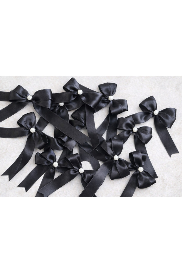 Black Satin Pearl Bow Ribbon 2 cm (10 Pieces)