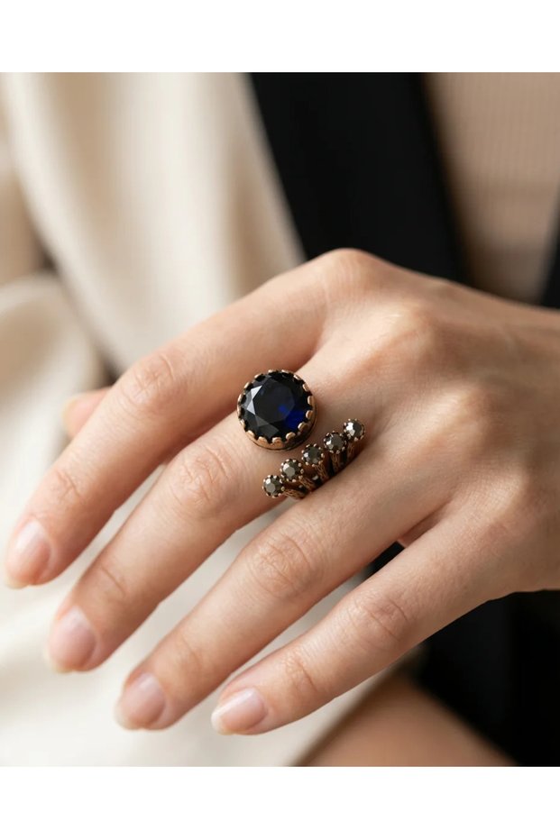 Bronze Jewelry Navy Blue Crystal Front Adjustable Round Cut Antique Vintage Women Ring