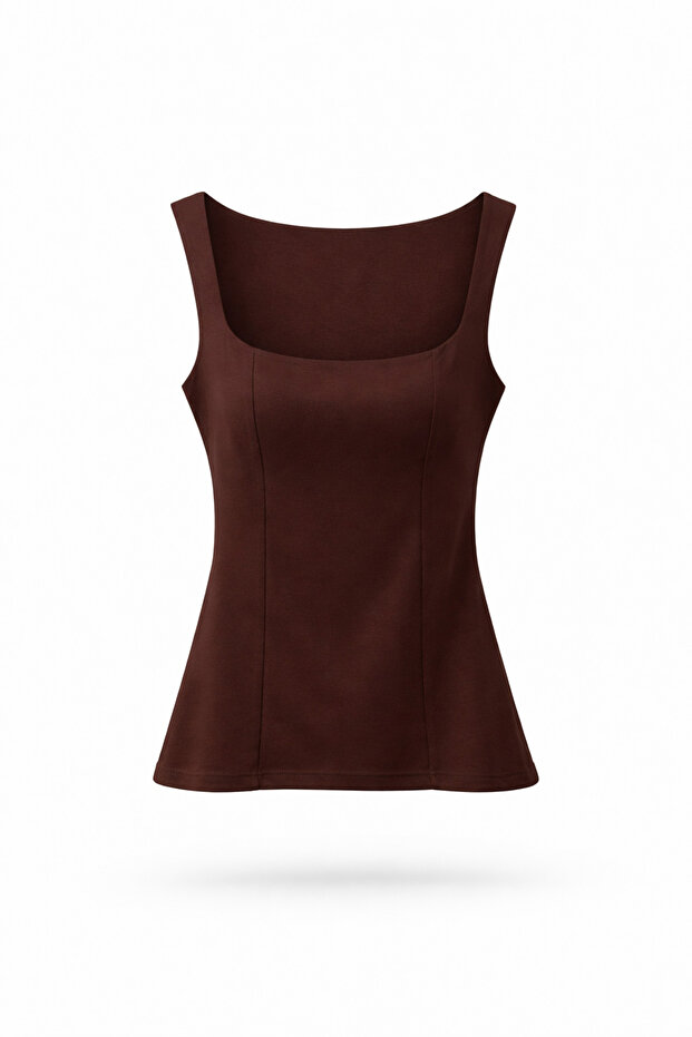 Square Neck Strap Brown Blouse