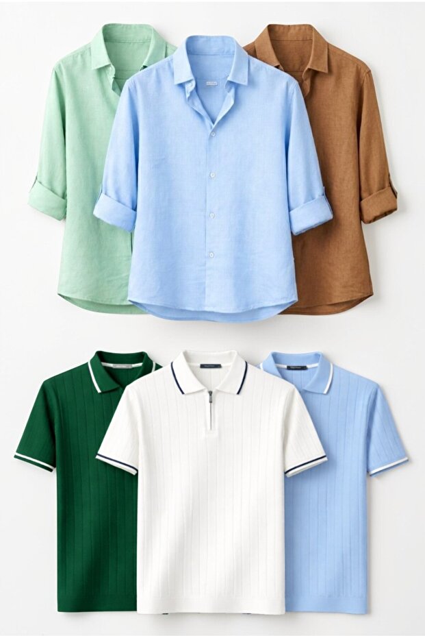 Men's 6-Piece Summer Combination Set – 3 Polo Collar T-Shirts & 3 Sofia Linen Shirts