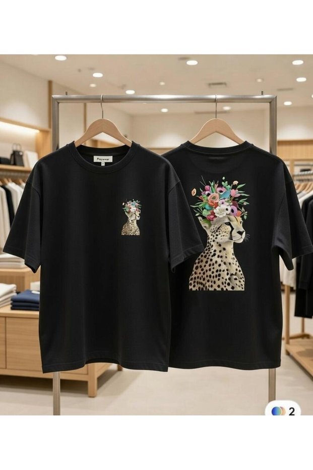 Tiger Head Flower Back and Chest Printed %100 Cotton Regular Fit Crew Neck T-Shirt