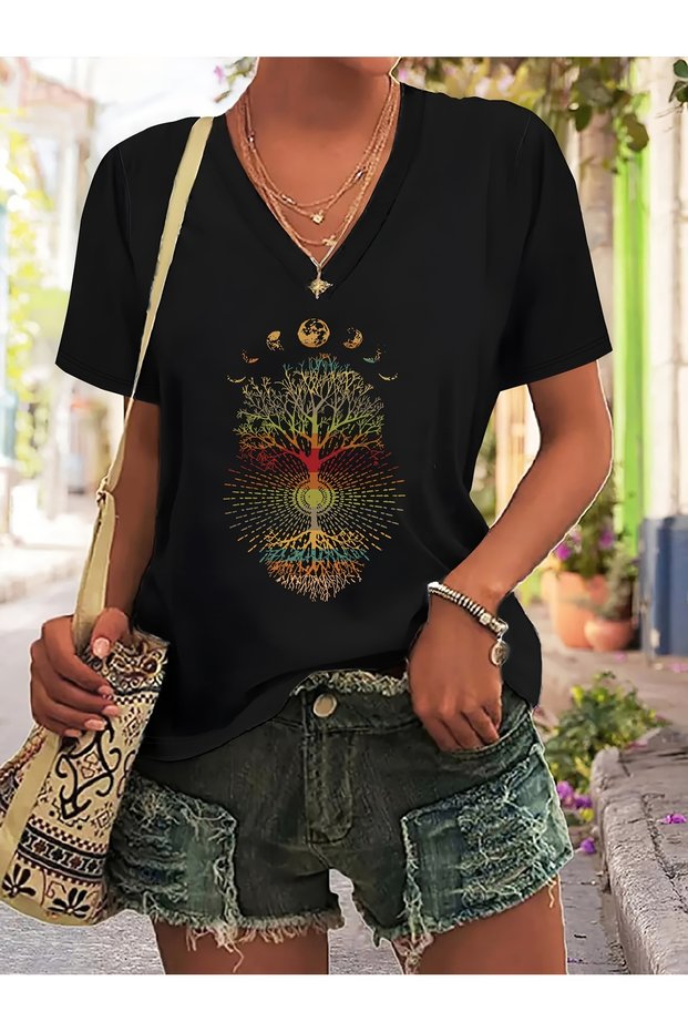 Women's Tree of Life Printed V-Neck Sleeved Regular Fit T-Shirt