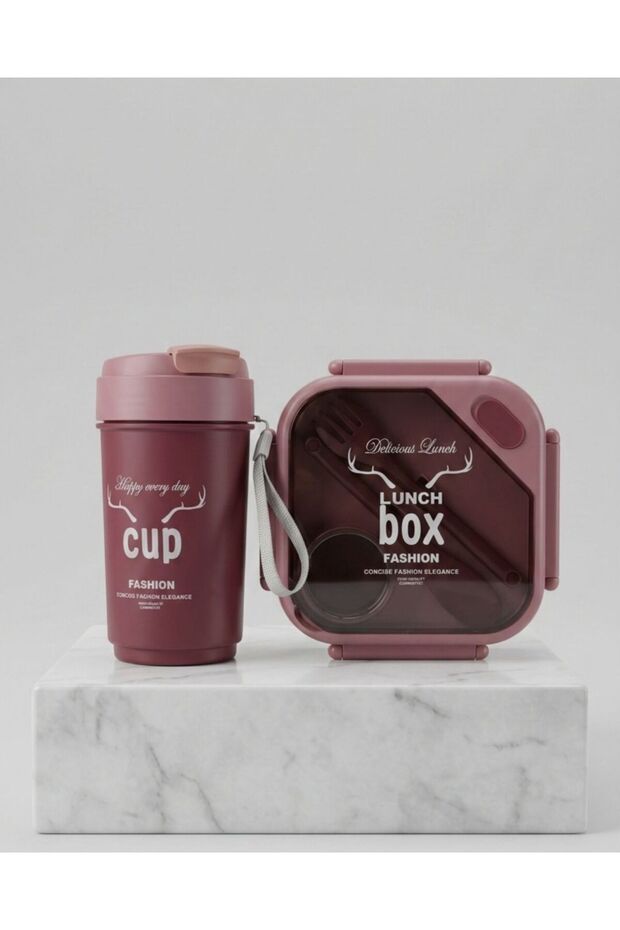 Premium Portable Bento Lunch Box & Travel Tumbler Set with Reusable Cutlery - Pink & Purple