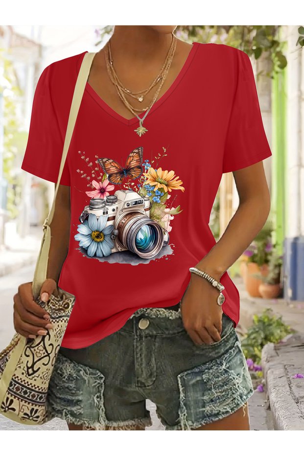 Women's Floral Printed V-Neck Sleeved Regular Fit T-Shirt