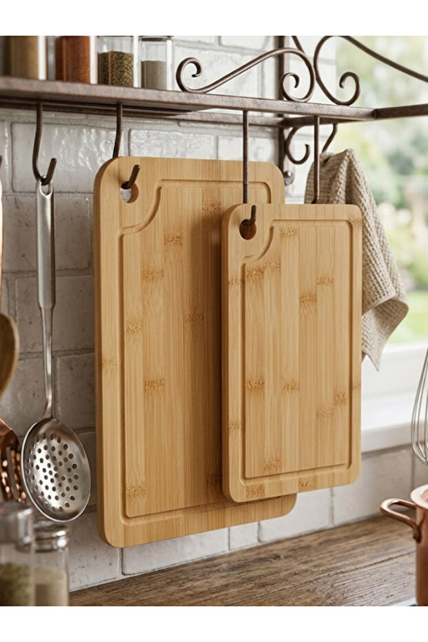 Set of 2 Cutting Boards, Natural Durable Kitchen Cutting Board Set of Bamboo