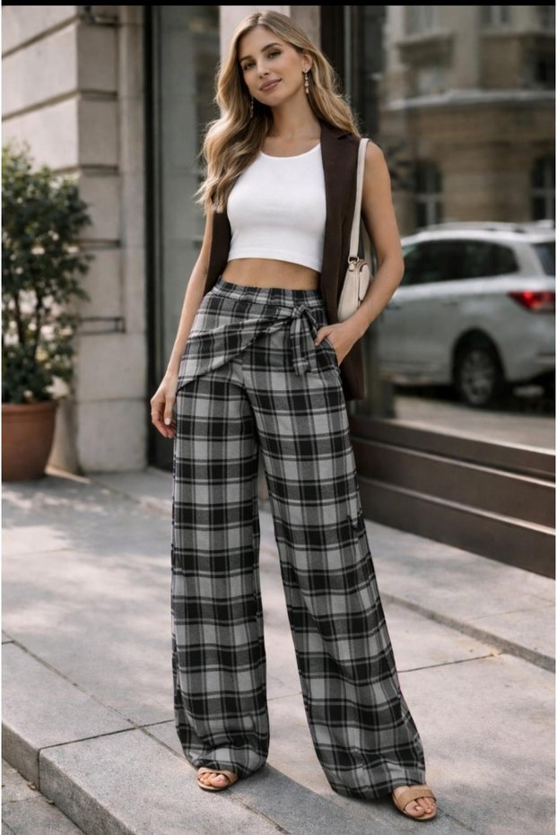 Women's High Waist Plaid Patterned Trousers with Tie Detail Wide-Leg