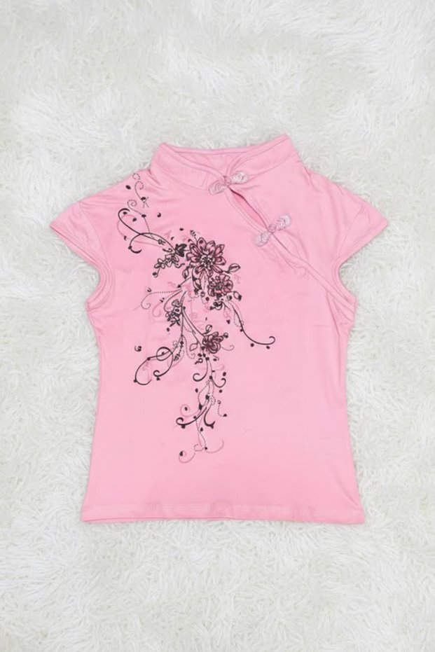 China Vintage Style Mandarin Collar Flowers Short Sleeve Blouse