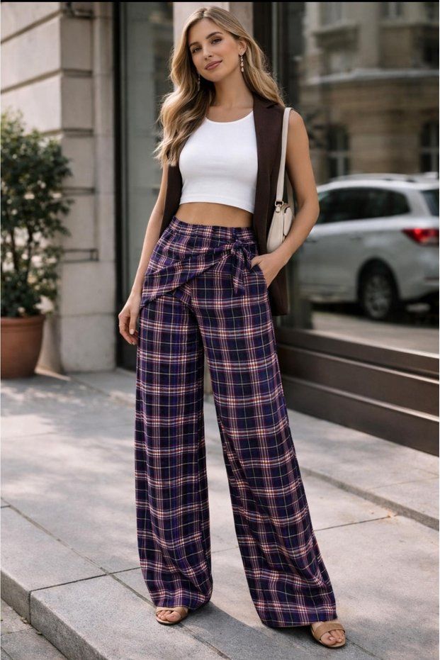 Women's High Waist Plaid Patterned Trousers with Tie Detail Wide-Leg