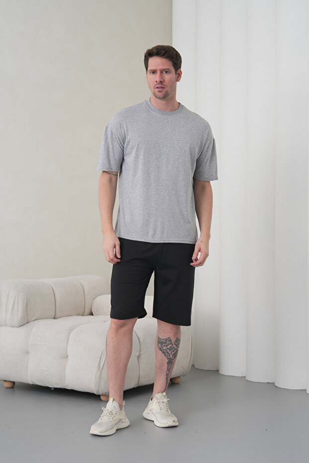 Men's Gray Black Cotton Piece Combed Cotton Short Sleeve Pocketed Shorts Set