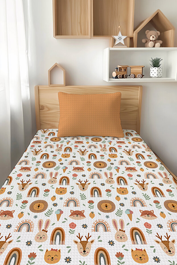 Rainbow and Animals Patterned Children Pique Bedspread Set Tlap-341