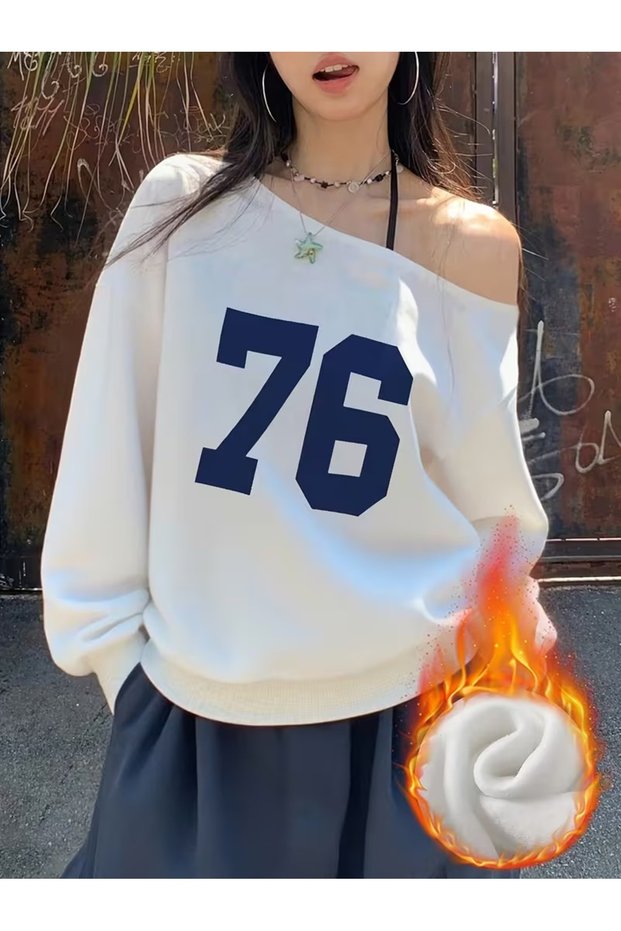 Women's 76 Printed Boat Neck Oversized Sweatshirt