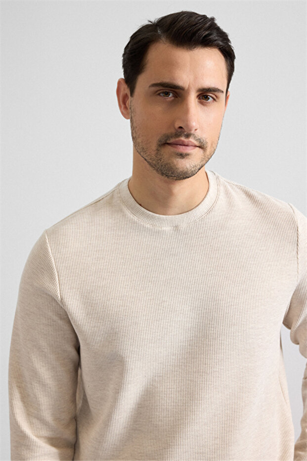 Bej Regular Düz Bisiklet Yaka Sweatshirt - 2