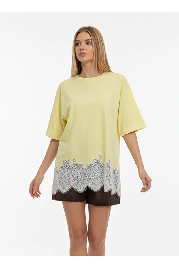 Women's Crew Neck Skirt Lace Detail Combed Cotton Tunic 13005