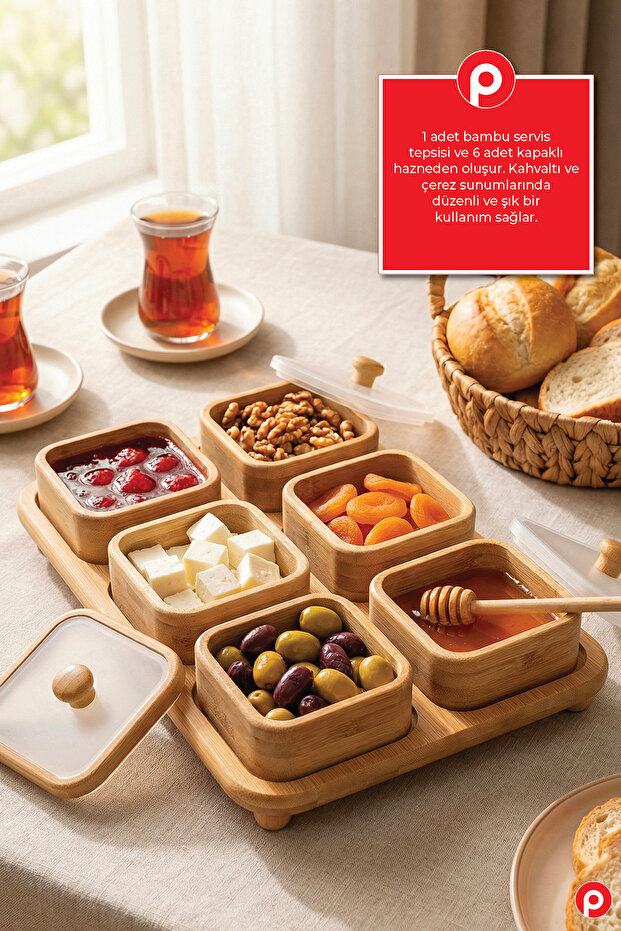 Bamboo Set of 6 Breakfast and Snack Containers with Lids and Stands - Storage and Presentation Set with Lids