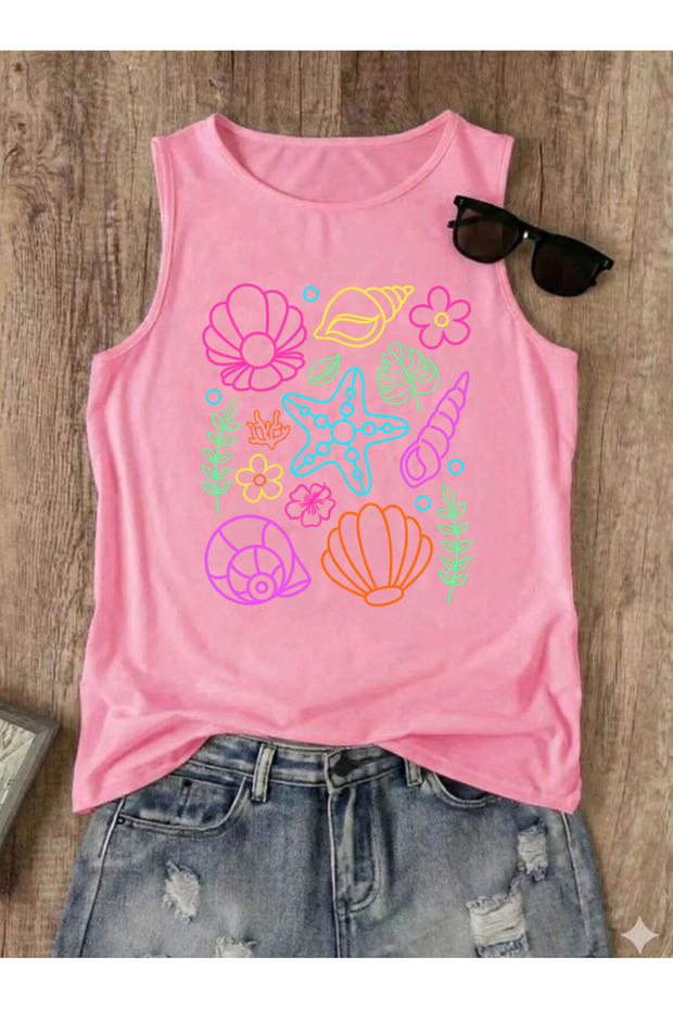 Summer Neon Sea Shell B Printed Summer Sleeveless Crew Neck Women's Tshirt