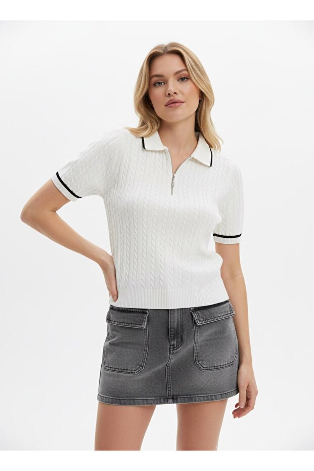 Polo Collar Half Zipper Knitwear Blouse Ss26Bz0043